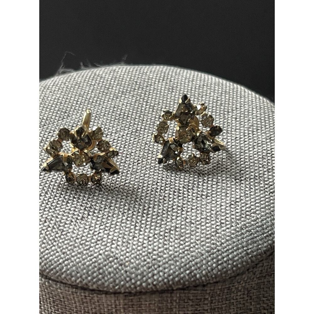 Vtg. Rhinestone Screwback Earrings Silvertone Clear Faux Smoky Quartz Cocktail